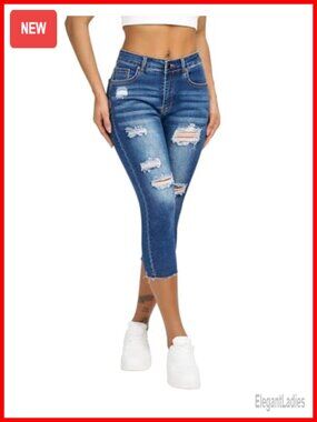Womens Capri Jeans Ripped Stretch Denim Mid Rise Skinny Cropped Pants Thigh
